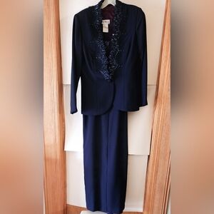 Karen Miller Navy 2pc Set Dress Matching Jacket Sleeveless Zip Close Sz 12 EUC
